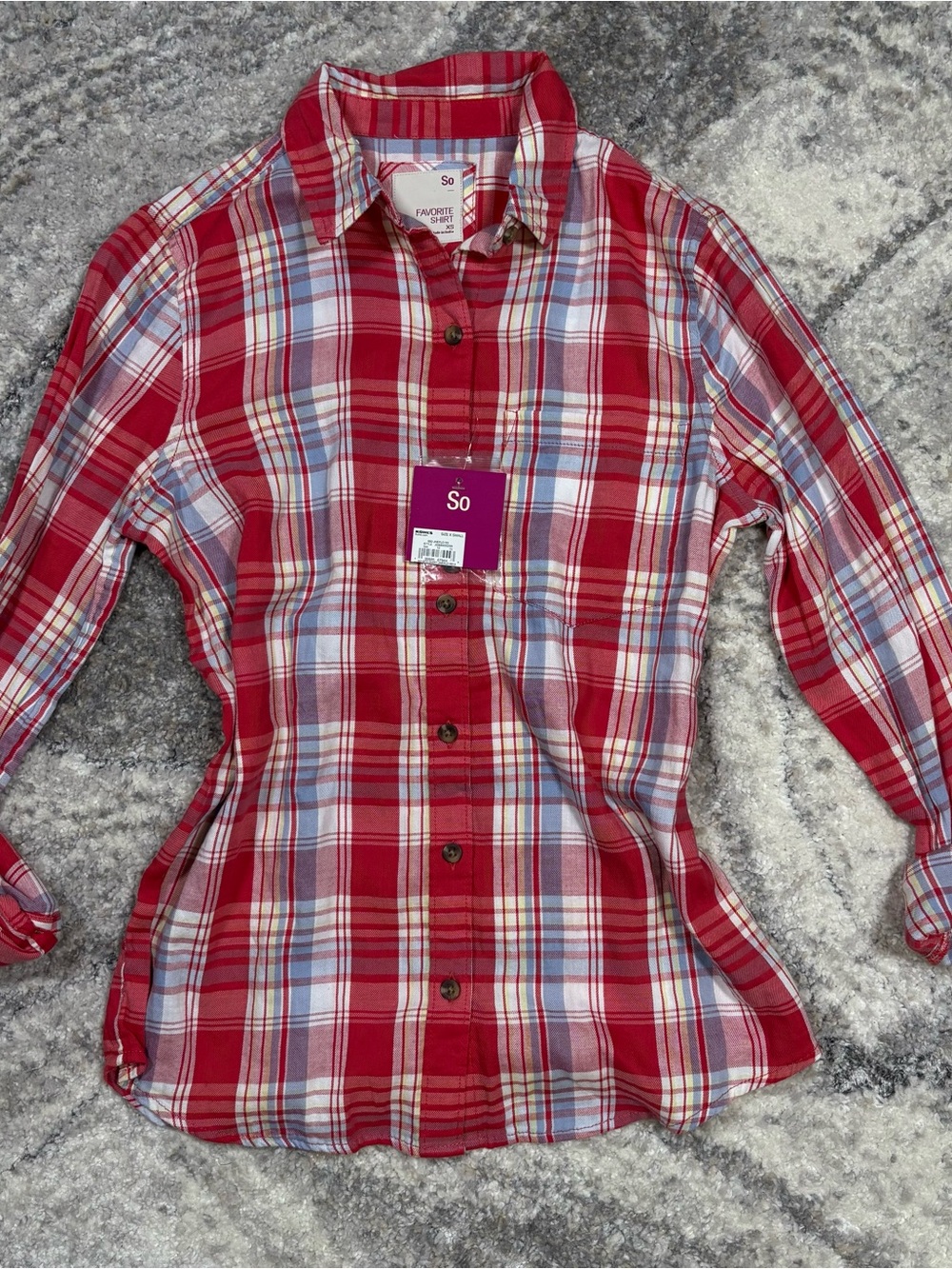SO Red Plaid Button-Down Shirt with Blue and White Accents